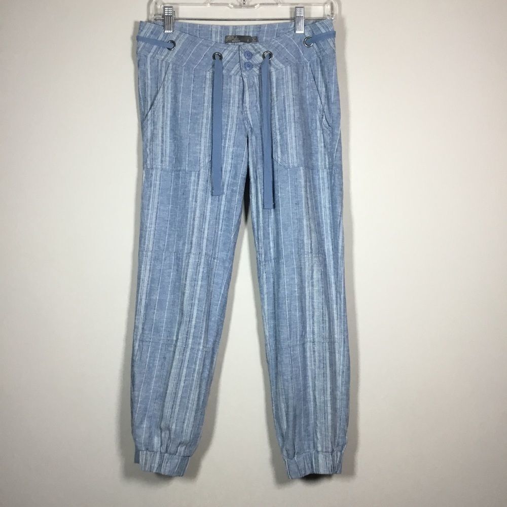 Prana light blue and cream strip pants hemp organic cotton yoga 30” waist size 0